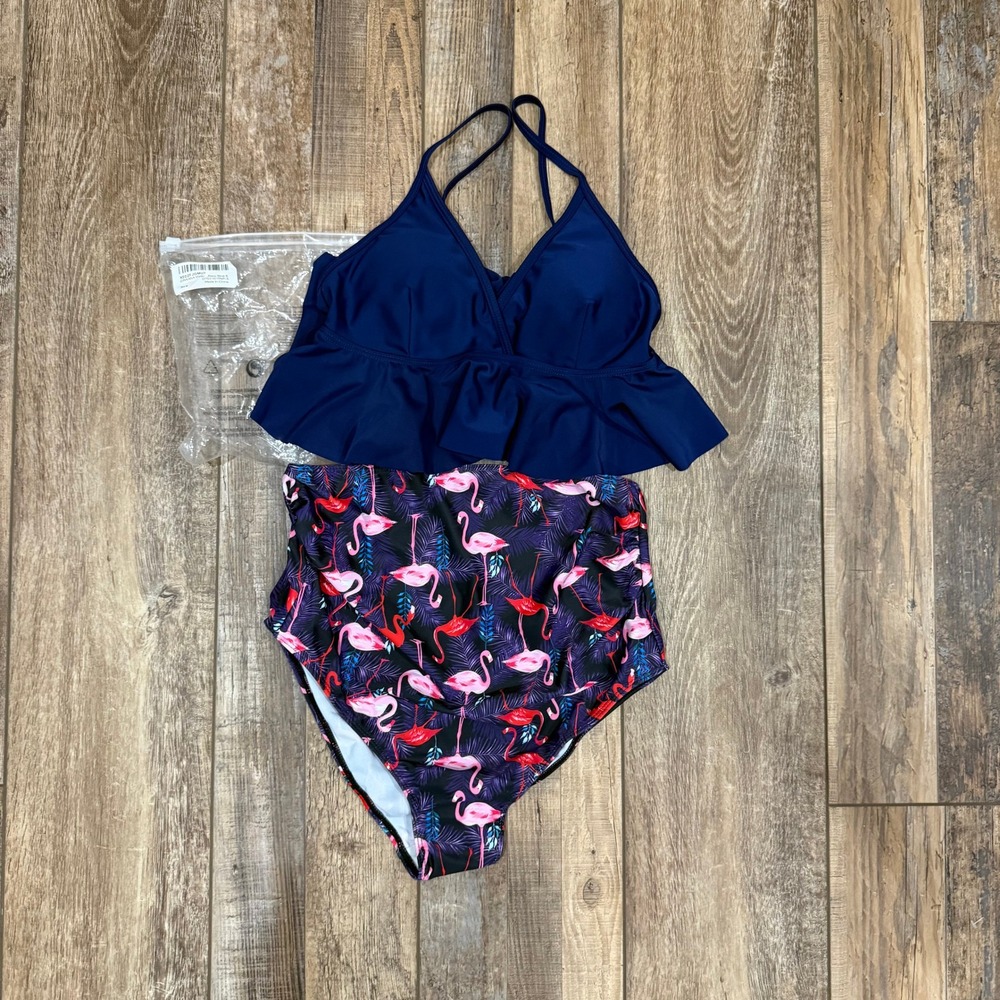 GINKANA Maternity Two‎ Piece Swimsuit Navy Blue Flounce Flamingo Print Small NEW